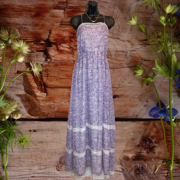 Dresses & Skirts - Vintage 60s Hippie Boho Lavender Lilac Festival Floral Maxi Spaghetti Straps